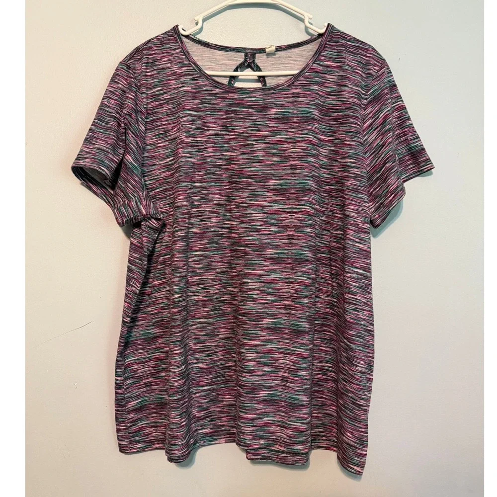 Ideology Women's 2X Space Dye Short Sleeve Activewear Top Keyhole Back 1805